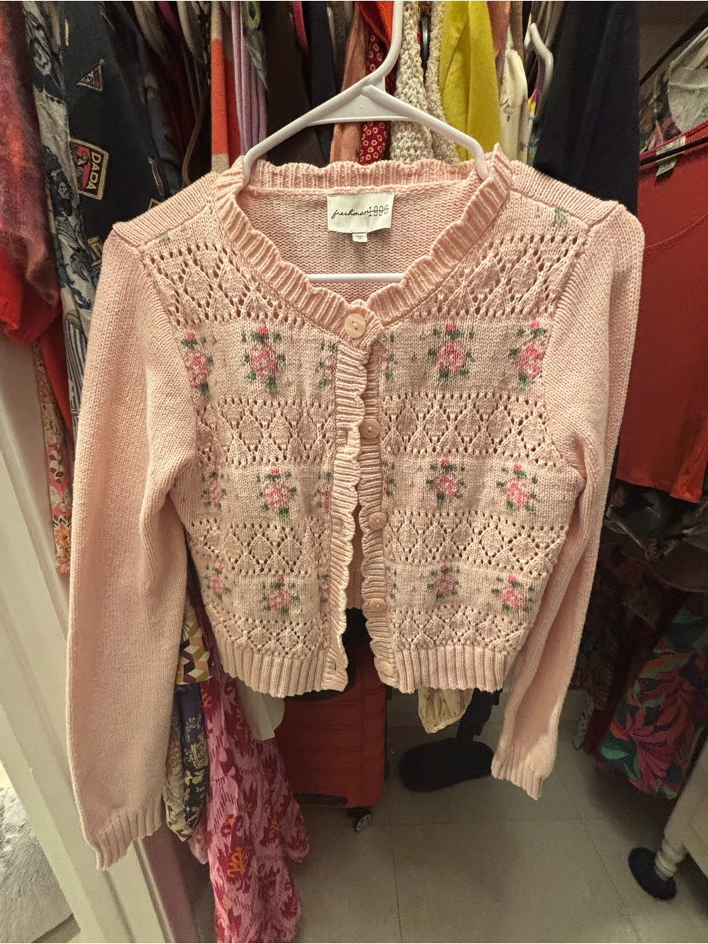 Freshman Pink Floral Knit Cardigan with Ruffle Front